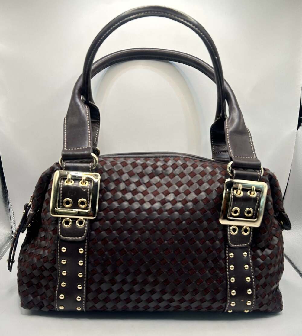 Vintage Brown Woven Satchel with Gold Tone Buckle Detail - Picture 1 of 12